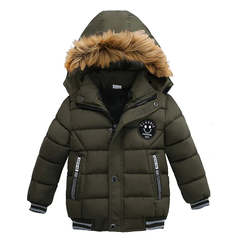 2025 Winter Children Warm Clothing Boys Down Jacket Baby Polyester Fiber Hooded Coat Thicken Outerwear Kids Solid Color Parka