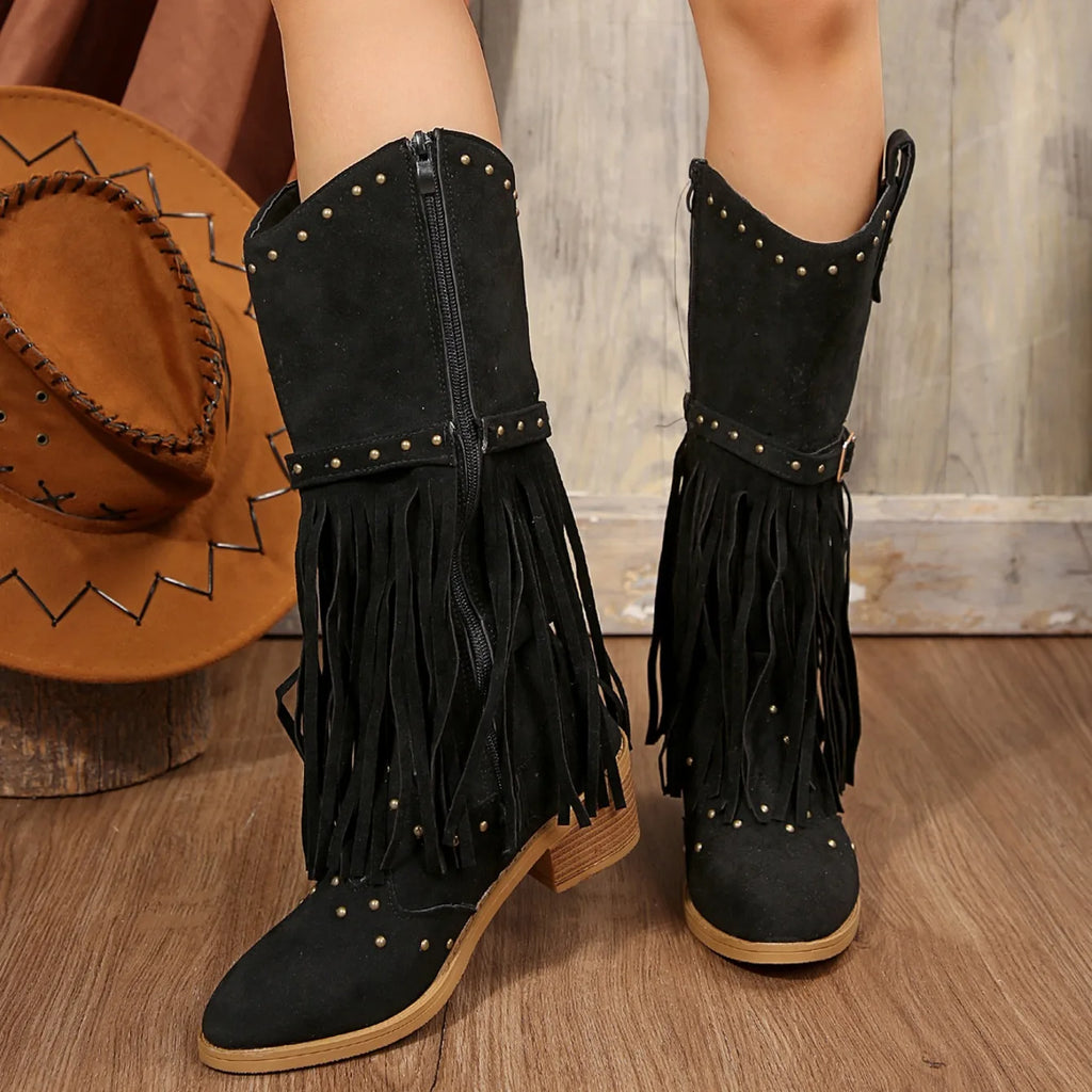 2024 Winter Women Fringes Thick Heel High Boots Suede Pointed Toe Outdoor Fashion Platform Shoes Willow Nails Pumps Women Shoes