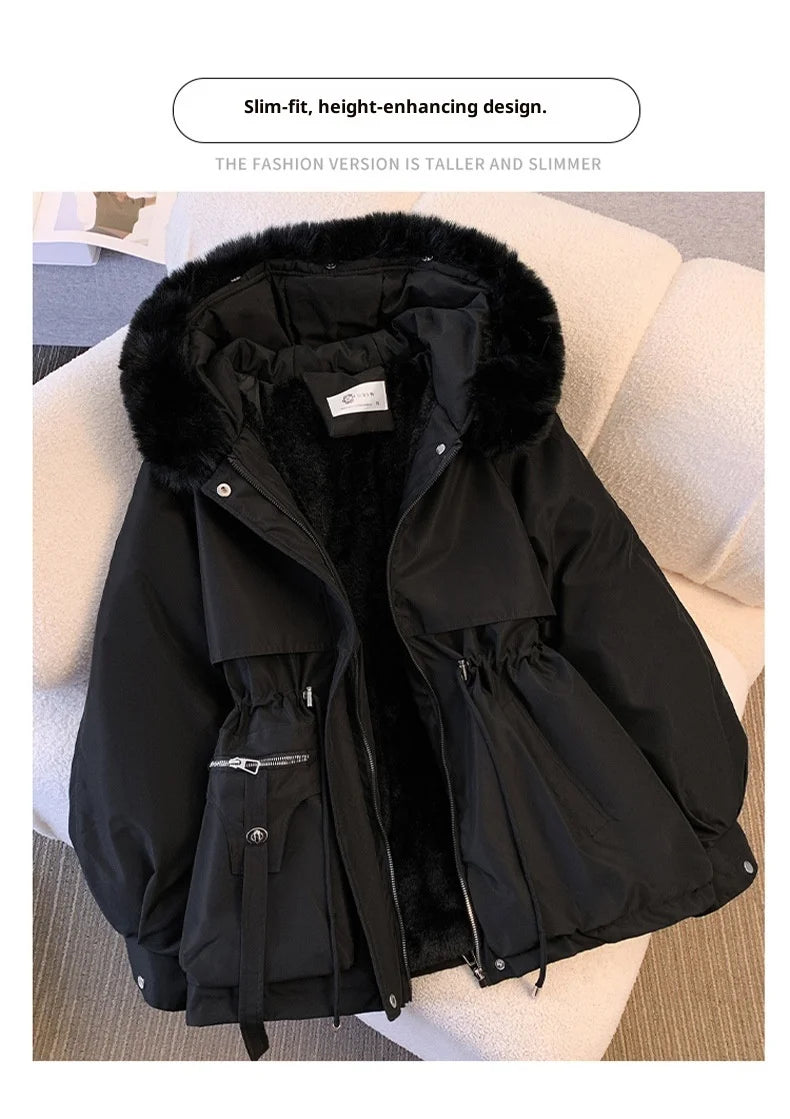 Fleece Lined Hood Down Jacket Winter Coat for Women Warm Drawstring Padded Parkas Korean Casual Streetwear Female Puffer Outwear