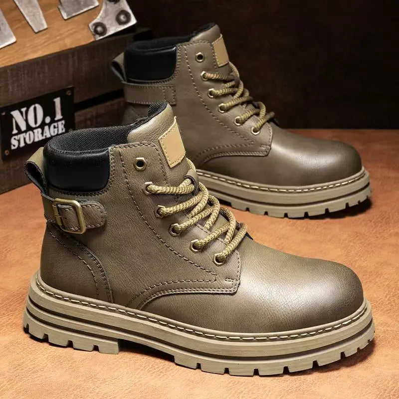 Men's Work Boots Autumn Winter New Leather High Top Thick Sole Non Slip Waterproof Lace Up Plush Warm Cotton Boots Snow Boots