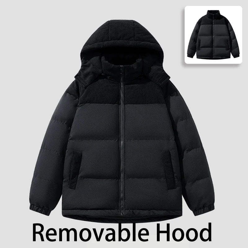 Winter Parka Jacket Men Removable Hood Thicken Keep Warm Cold Weather Windproof Coats Patchwork Cotton Padded Puffer Jacket