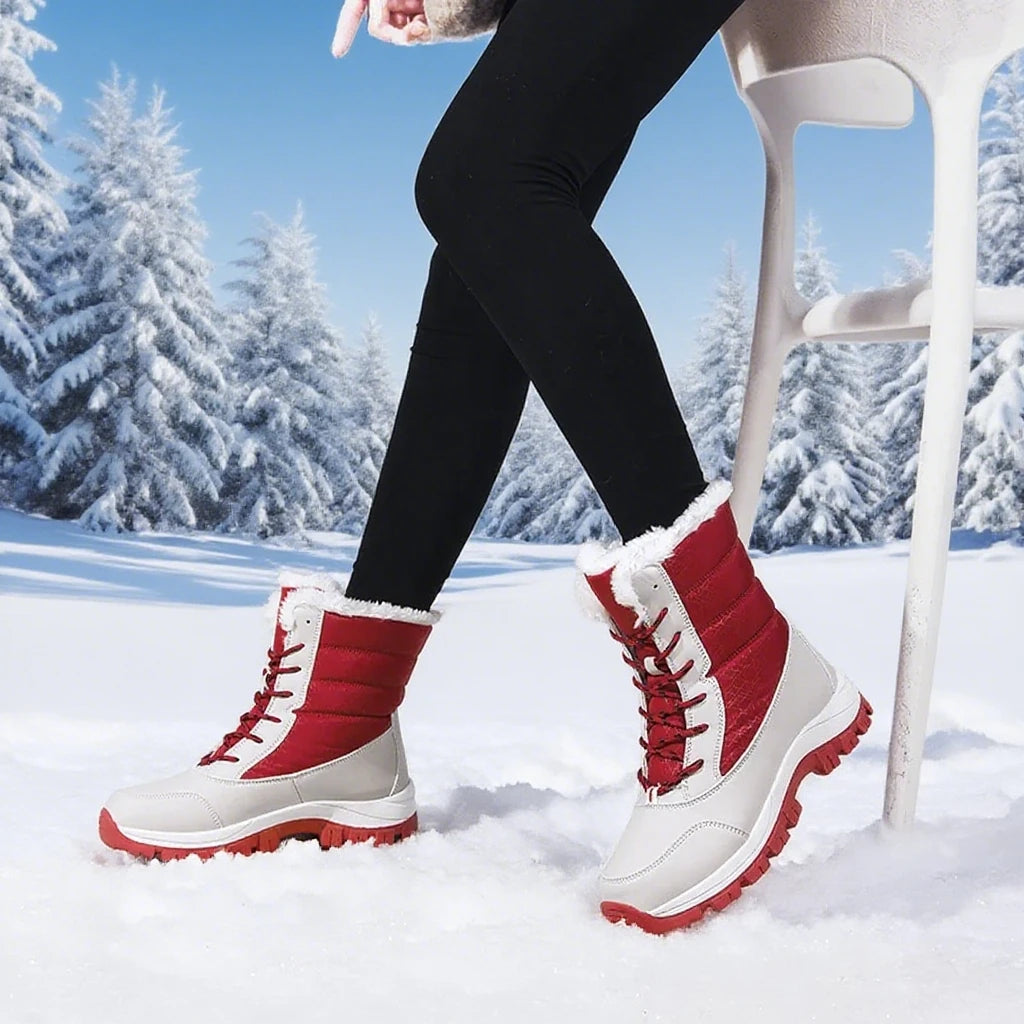 2025 Winter Women's Waterproof High Heel Boots Strap Up Flat Heel Boots Warm Snow Shoes, Plush Outdoor Fashion Casual Boots