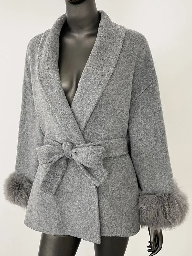 2024 New Winter Jacket for Women Natural Fox Fur Collar Thickened Warm Cashmere Wool Double-sided Coat Fashion V-neck Commuting