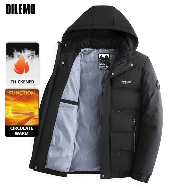 Men's Autumn Winter Quilted Parka Jacket with Thickened Lining – Hooded Standing Collar Windbreaker Coat for Middle-Aged Warmth