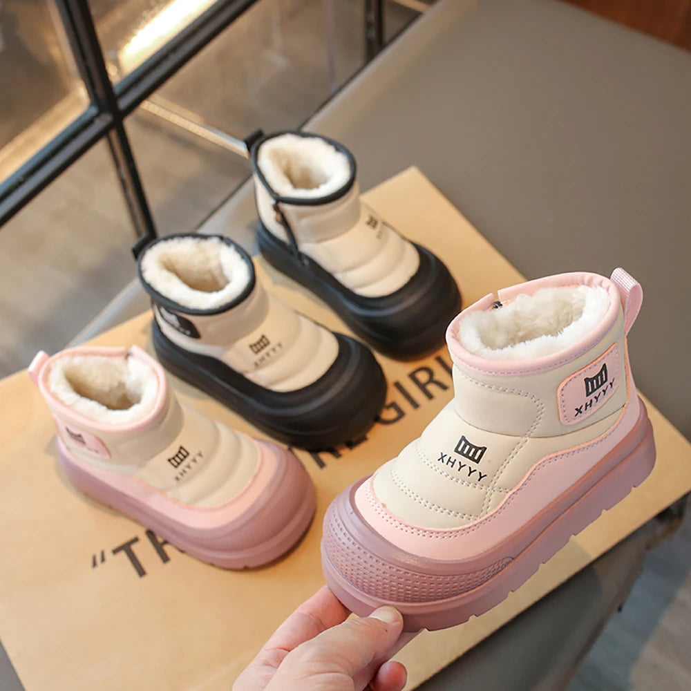 PU Leather Snow Boots For Children Waterproof Thick Warm Girl's Plush Boots Faux Fur Winter Cotton Shoes For Teenager Kids