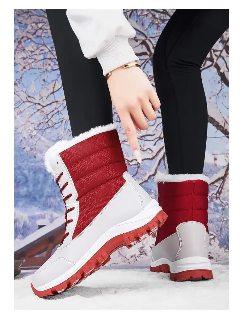 2025 Winter Women's Waterproof High Heel Boots Strap Up Flat Heel Boots Warm Snow Shoes, Plush Outdoor Fashion Casual Boots