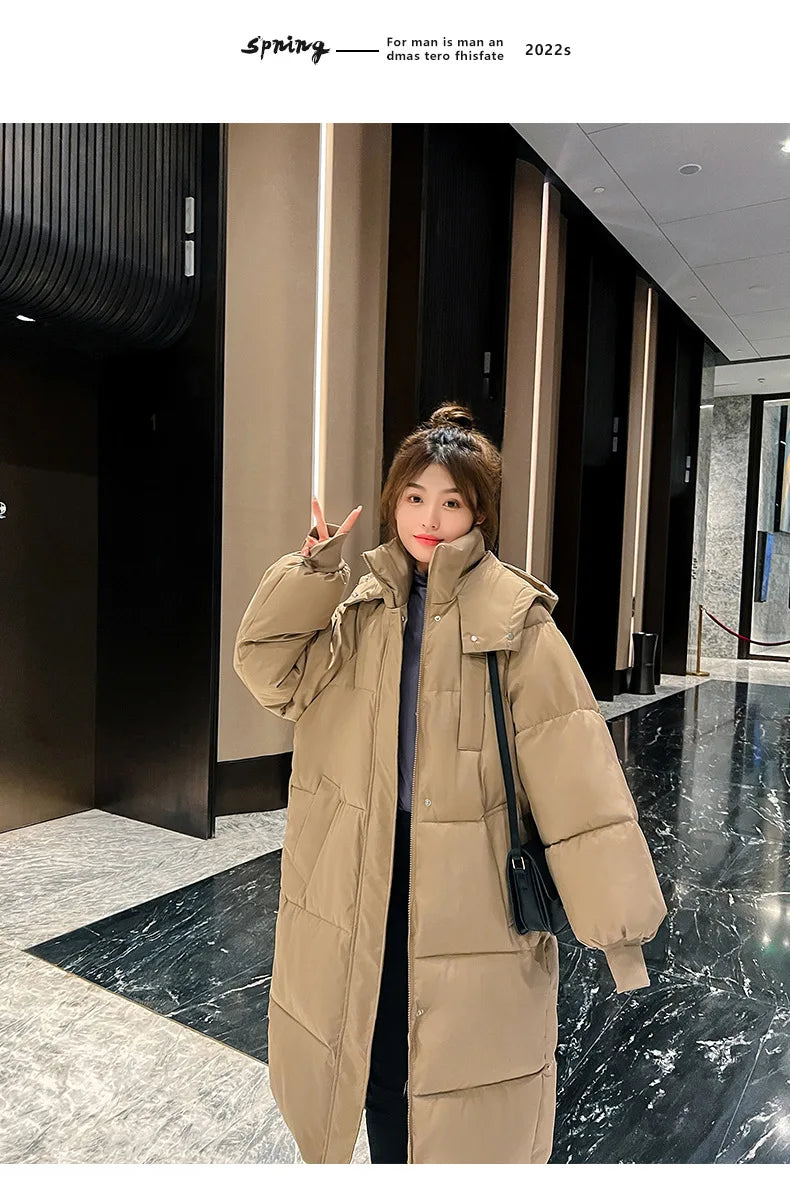 Vielleicht 2025 Korean Jacket Women Winter X-long Parkas Solid Hooded Thicken Warm Female Snow Wear Coat Padded Loose Clothes