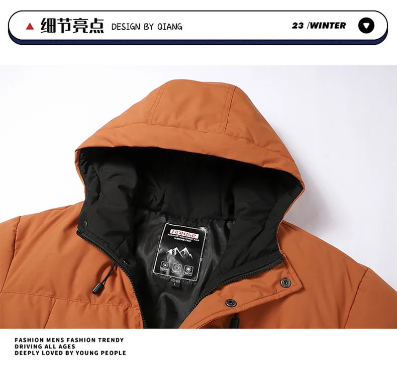 Fashion Trend with Hood Parkas for Men Quality Comfortable Thicken Warm Outerwear Solid Color Windproof Male Clothes Winter New