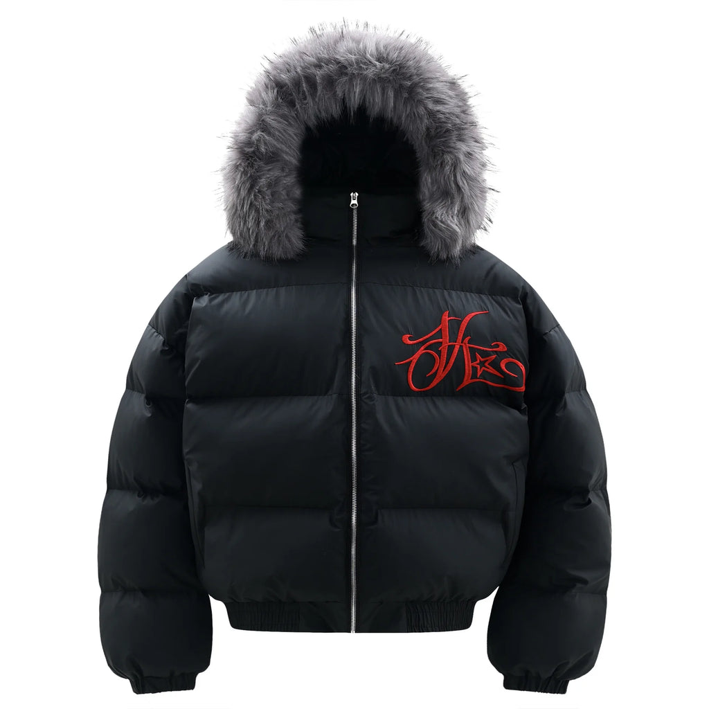 Winter Jacket Men Women Loose Thick Warm Bomber Cotton Hooded Coat Detachable Fur Collar Embroidered Design Outdoor Windproof