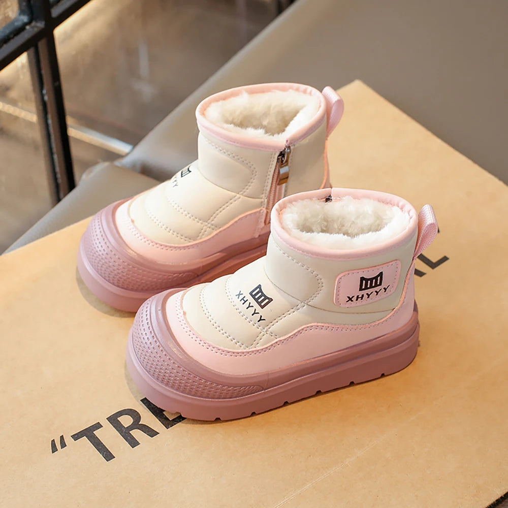 PU Leather Snow Boots For Children Waterproof Thick Warm Girl's Plush Boots Faux Fur Winter Cotton Shoes For Teenager Kids