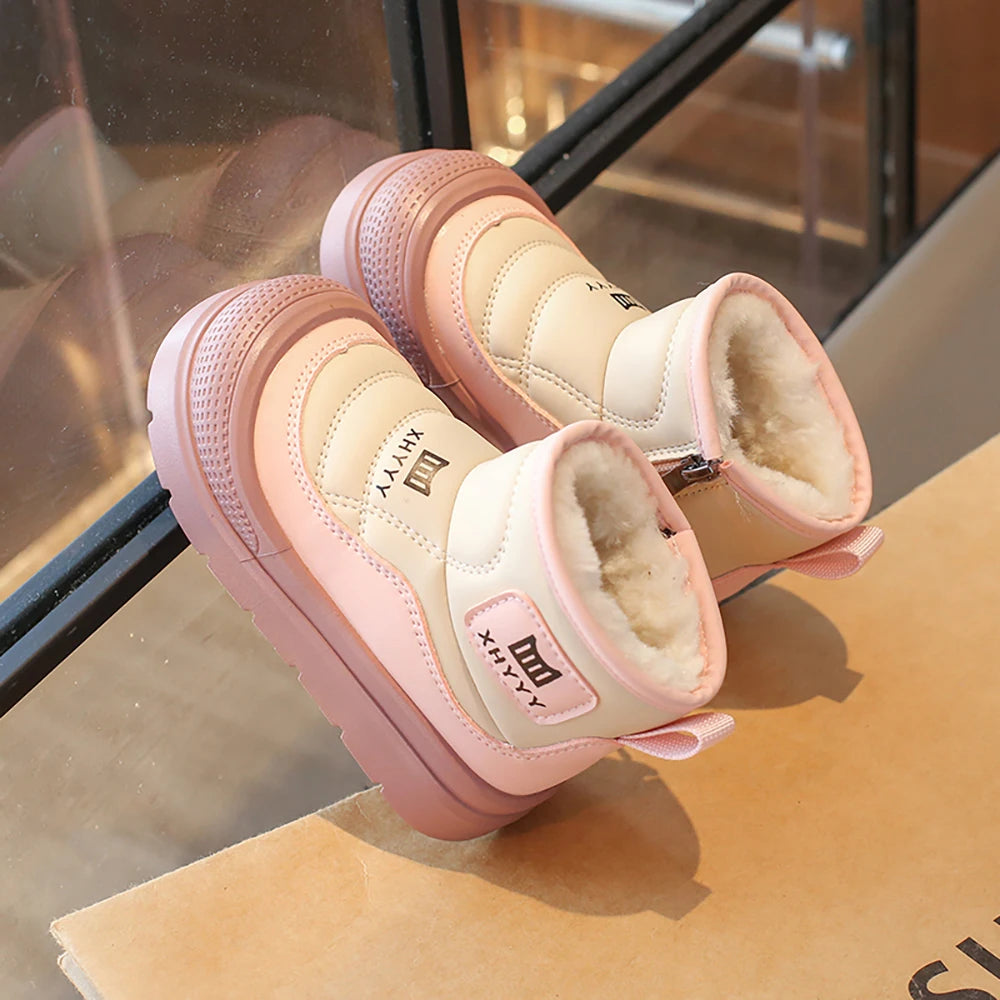 PU Leather Snow Boots For Children Waterproof Thick Warm Girl's Plush Boots Faux Fur Winter Cotton Shoes For Teenager Kids