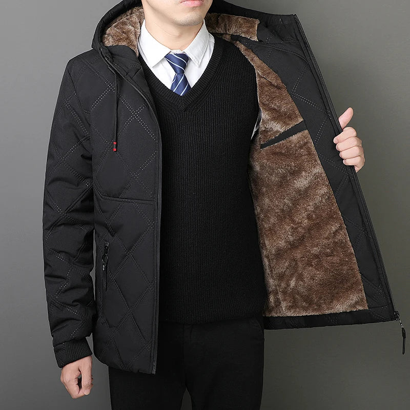 Winter Hooded Jacket Men Windproof Warm Business Casual Men Coats Blazers for Men Formal Social Jacket Solid Color Thick Coat