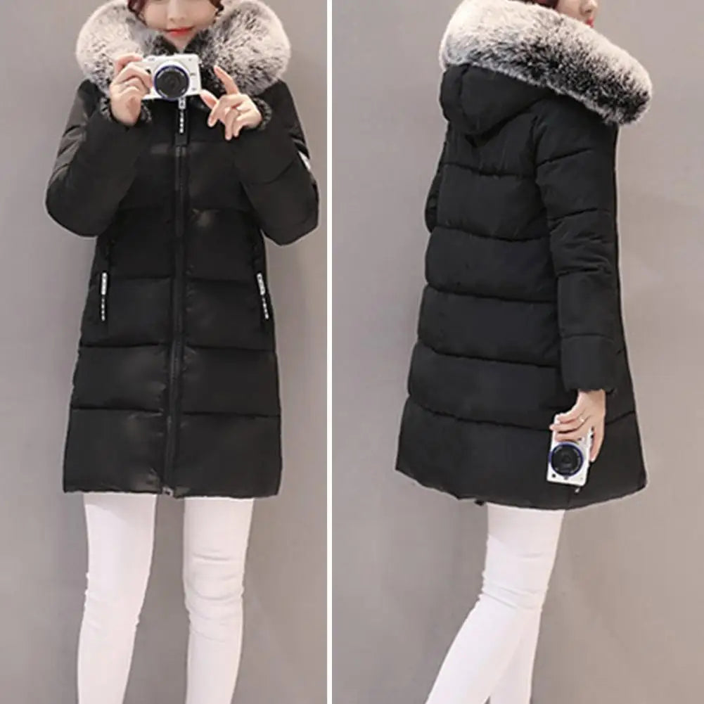 2024 New Winter Coat Women's Jacket Fur Neckline Long Basic Coats Thick Jackets Cotton Padded Outerwear Parkas Female Clothes