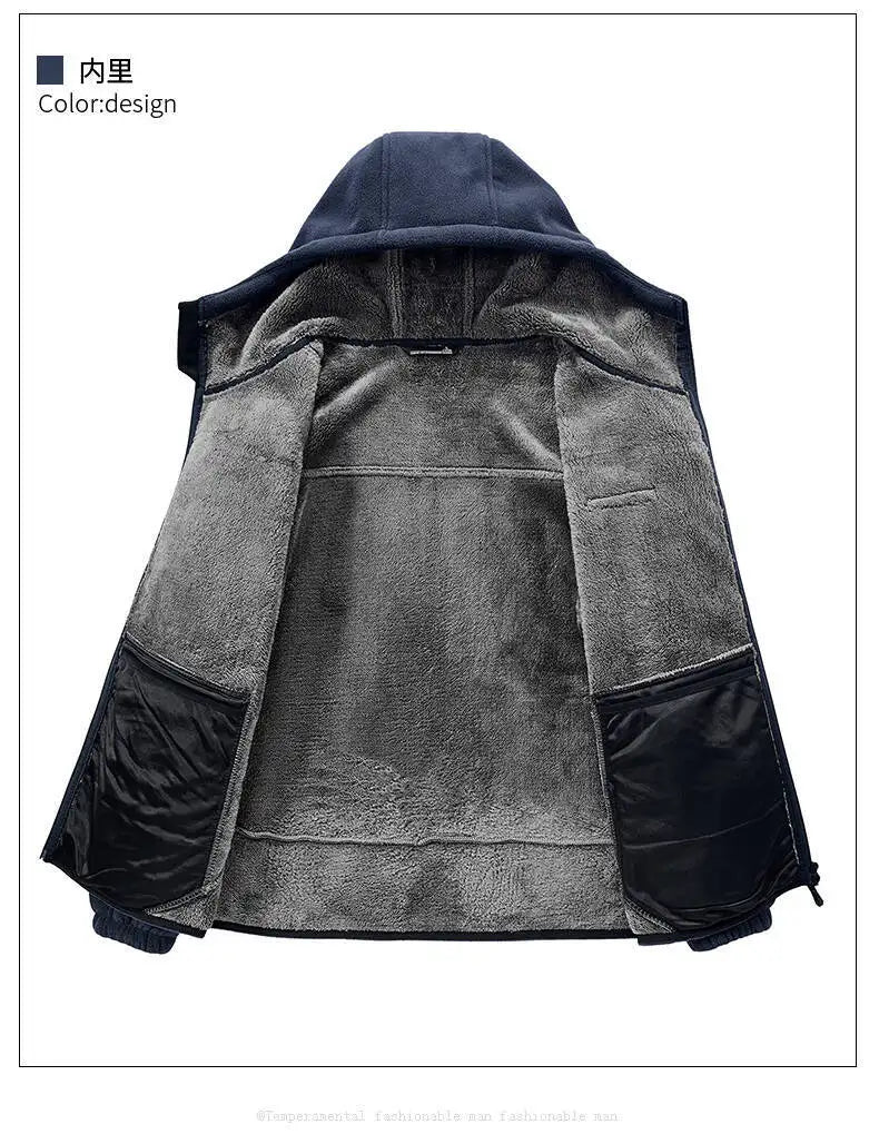 Men's Outdoor Sport Hooded Sweatshirt Jacket Warm Fleece Liner Windproof Softshell Inner Polar Fleece Coat with Zipper & Pockets