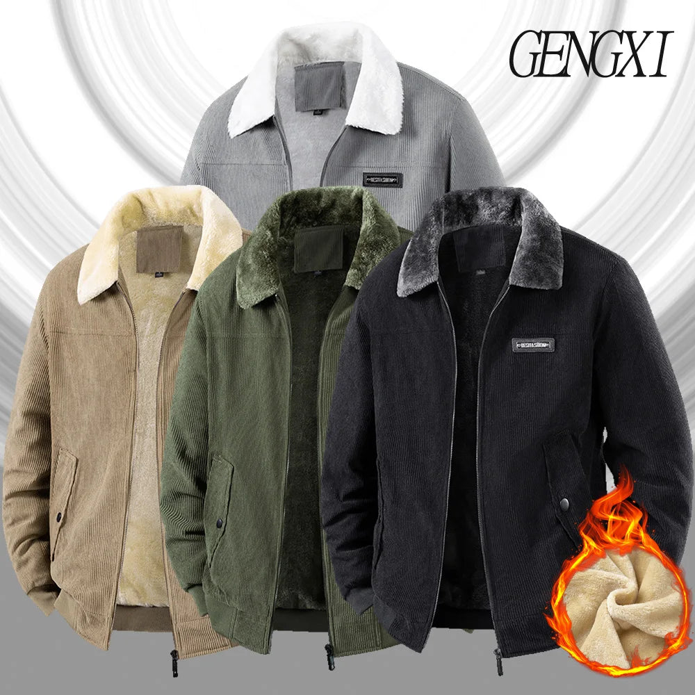 Winter New Arrival: Warm-Weather Corduroy Jacket Men's Fleece-Lined, Thickened Letter-Label Collared Jacket Fashionable Menswear
