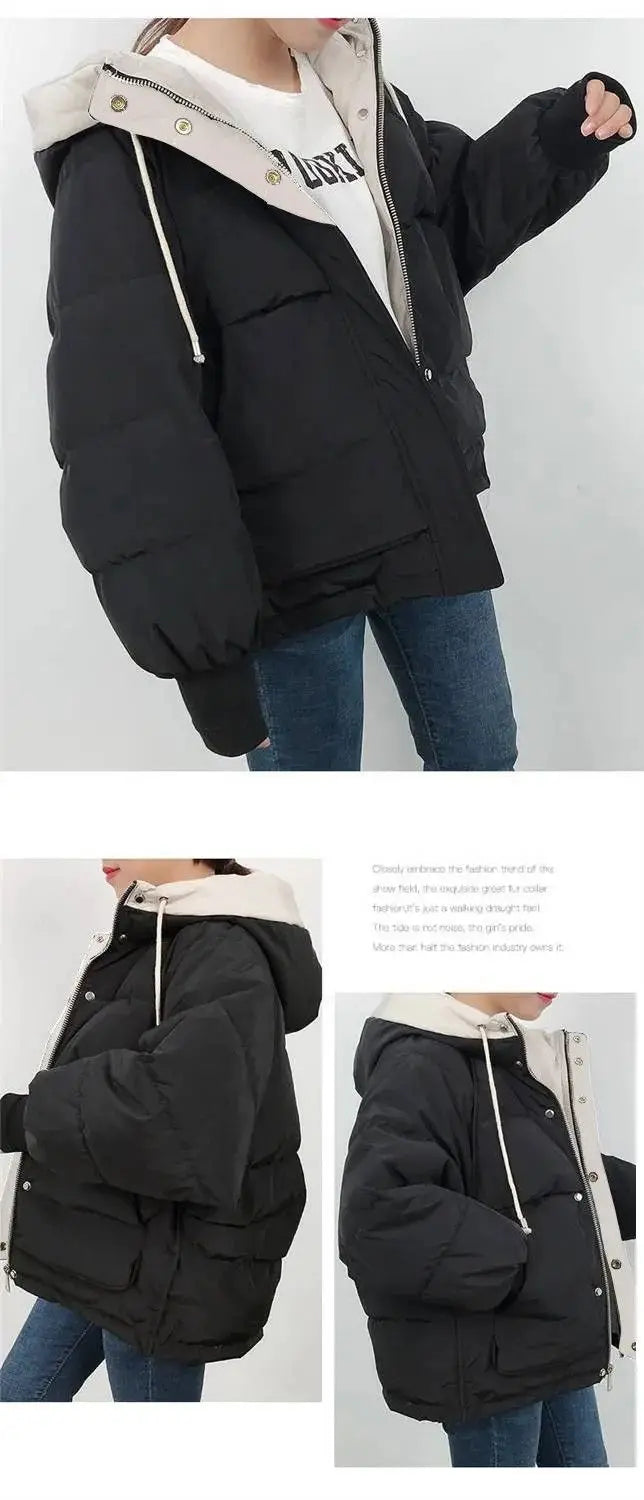 2024 Winter Korean Warm Female Puffer Coat Pocket Solid Parkas Padding Long Sleeve Thick New in Outerwears Hooded Women's Jacket