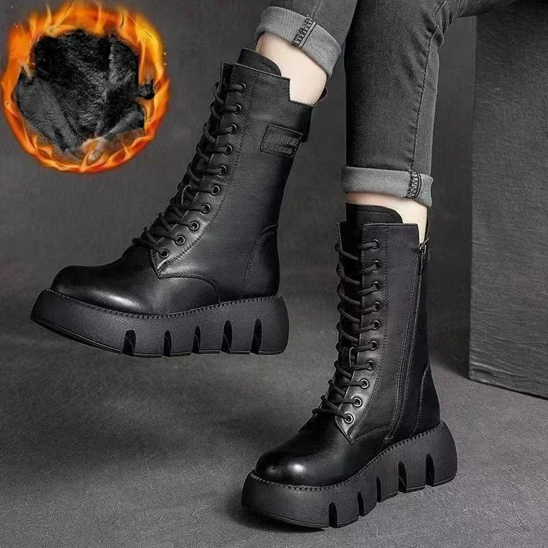 Winter Leather Women Boots 2025 Short Plush Mid-heel Snow Boots Lace Up Warm Lady Platform Biker Ankle Boots for Women Shoes