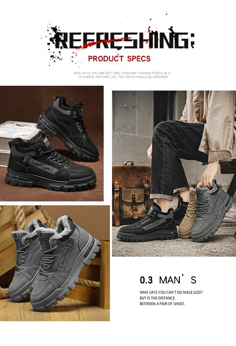 Men's plus size warm and velvet work boots soft-sole anti-slip high-top boots winter fashion youth comfort outdoor cotton boots