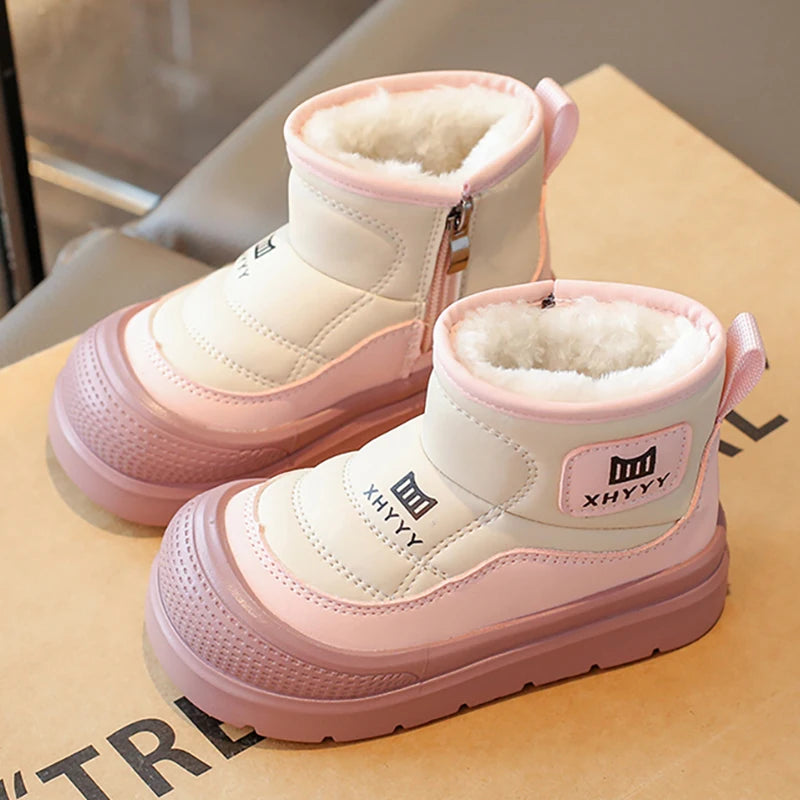 PU Leather Snow Boots For Children Waterproof Thick Warm Girl's Plush Boots Faux Fur Winter Cotton Shoes For Teenager Kids