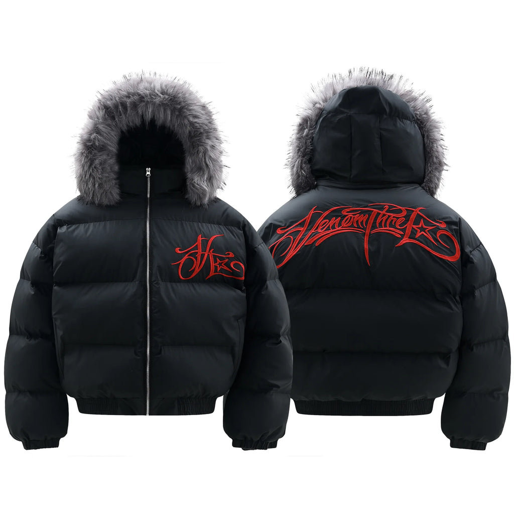 Winter Jacket Men Women Loose Thick Warm Bomber Cotton Hooded Coat Detachable Fur Collar Embroidered Design Outdoor Windproof