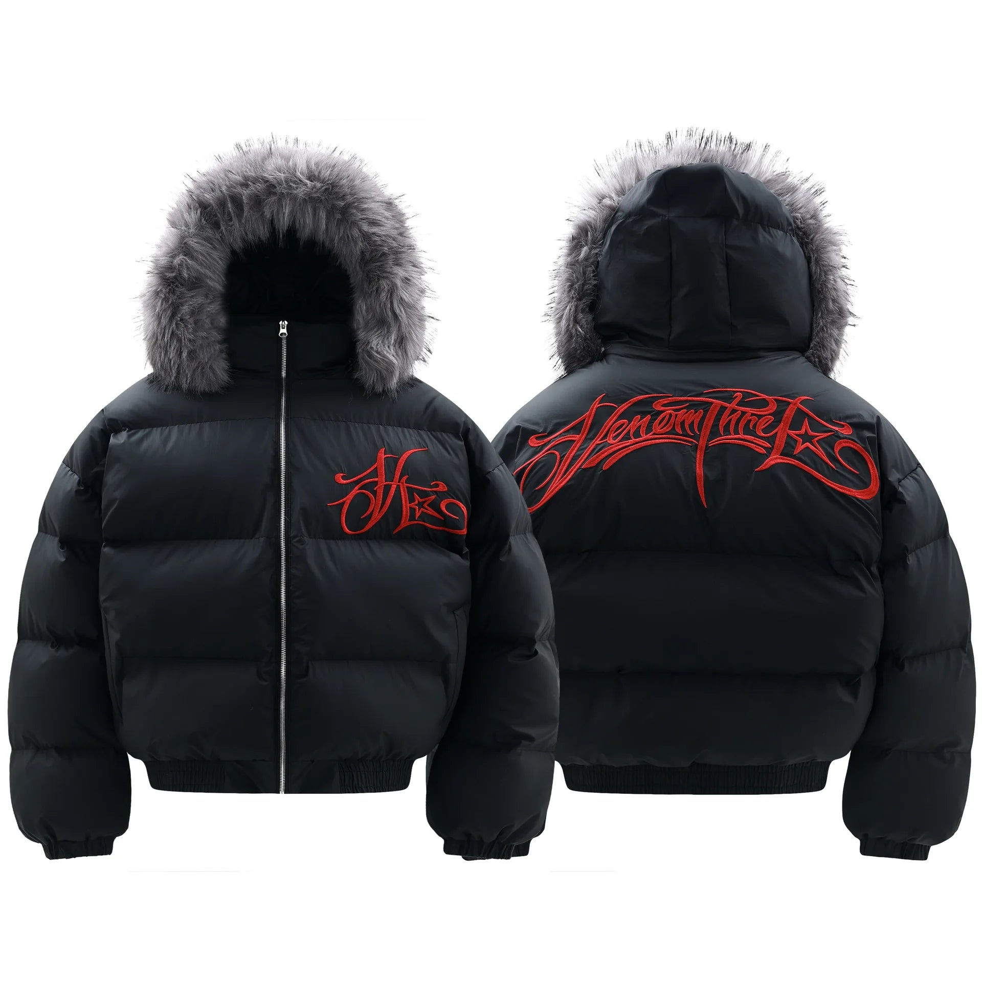Winter Jacket Men Women Loose Thick Warm Bomber Cotton Hooded Coat Detachable Fur Collar Embroidered Design Outdoor Windproof