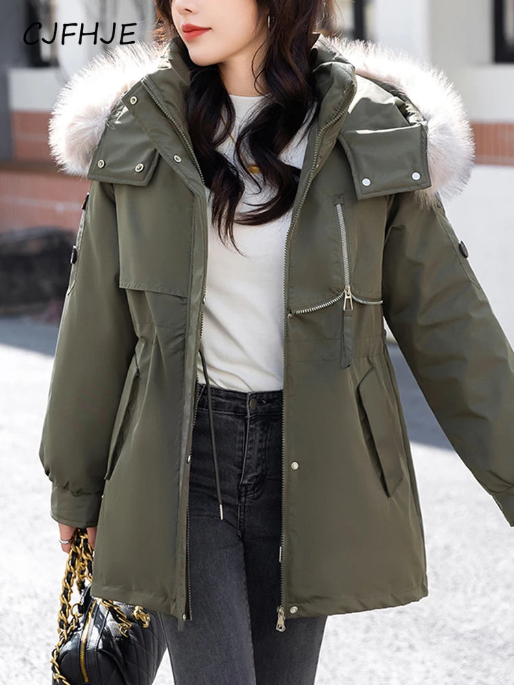 CJFHJE Parkas Winter Jackets Women Chaquetas Para Mujeres Waist Big Fur Collar Warm Down Jacket Outdoor Coat Abrigos De Plumas