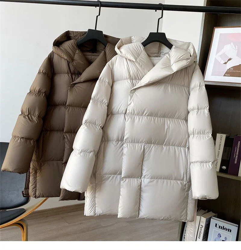 2025 New Winter Jacket Women Warm Parkas Long Sleeve Tops Casual Cotton Padded Jackets Belt Black Brown Hooded Outwear Female