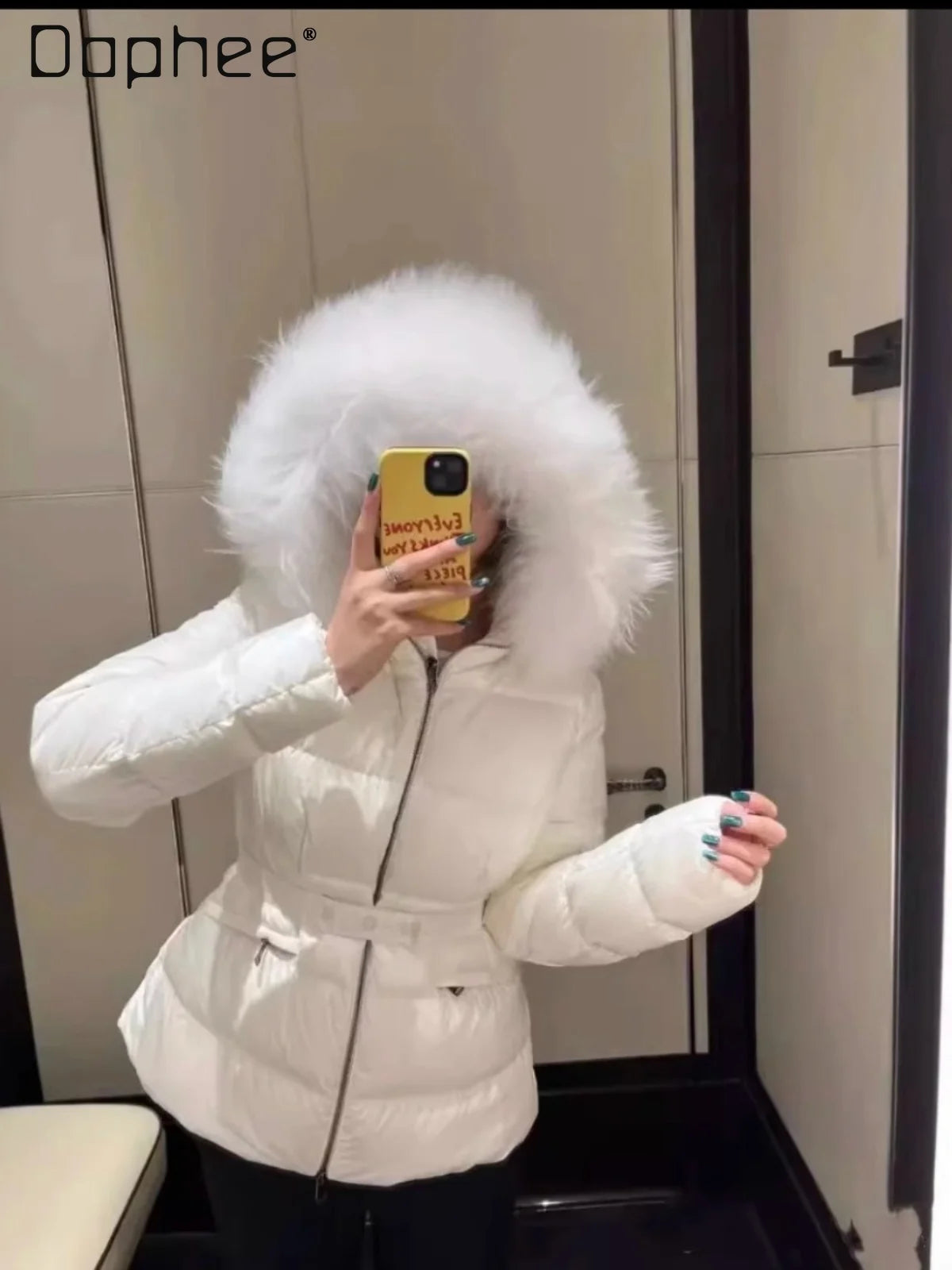 Winter Big Fur Collar Hooded Thickened Warm Jacket Korean Fashion Belt Slim Jacket Women Office Lady Solid Color Versatile Coat