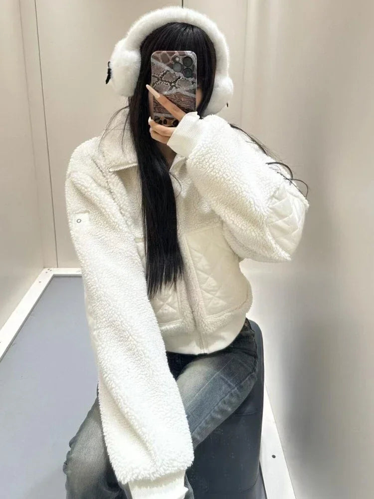 White Winter Jacket Women Lamb Fleece Zipper High Waist Short Jacket Fashion Thickened Stand Collar Black Jackets for Women