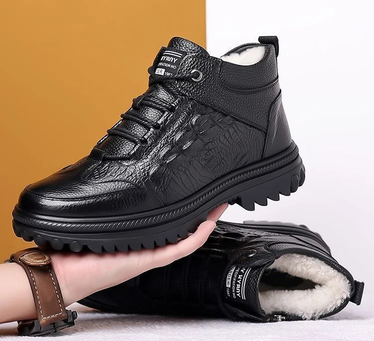 Snow Boots for Men Black High Top Lace Up Leather Winter Shoes Man Waterproof Casual Fashion Footwear Quality Fleece New in Fur