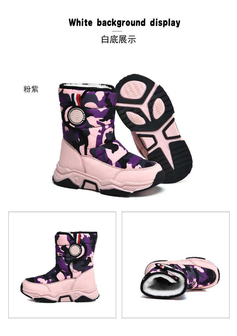 Winter Children Casual Shoes Girls Non-slip Warm Fur Snow Boots Boys Tactical Sneakers Kids Outdoor Footwear Padded Boots Female