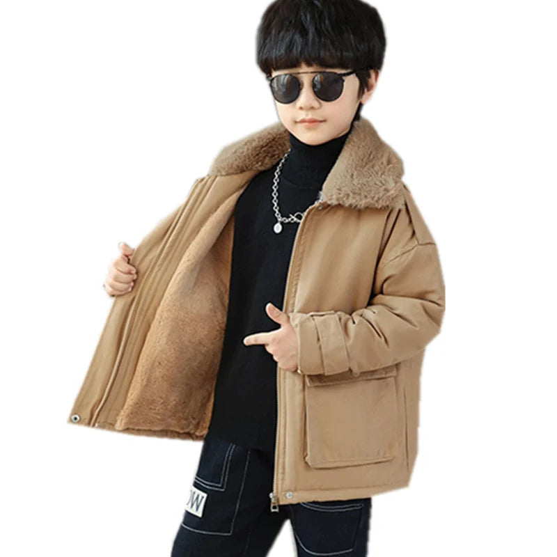 Winter Boys Insulated Jacket Child Khaki Color Retro Plus Thicken Coat Warm Outerwear High Quality Clothes Kids Windbreaker Coat