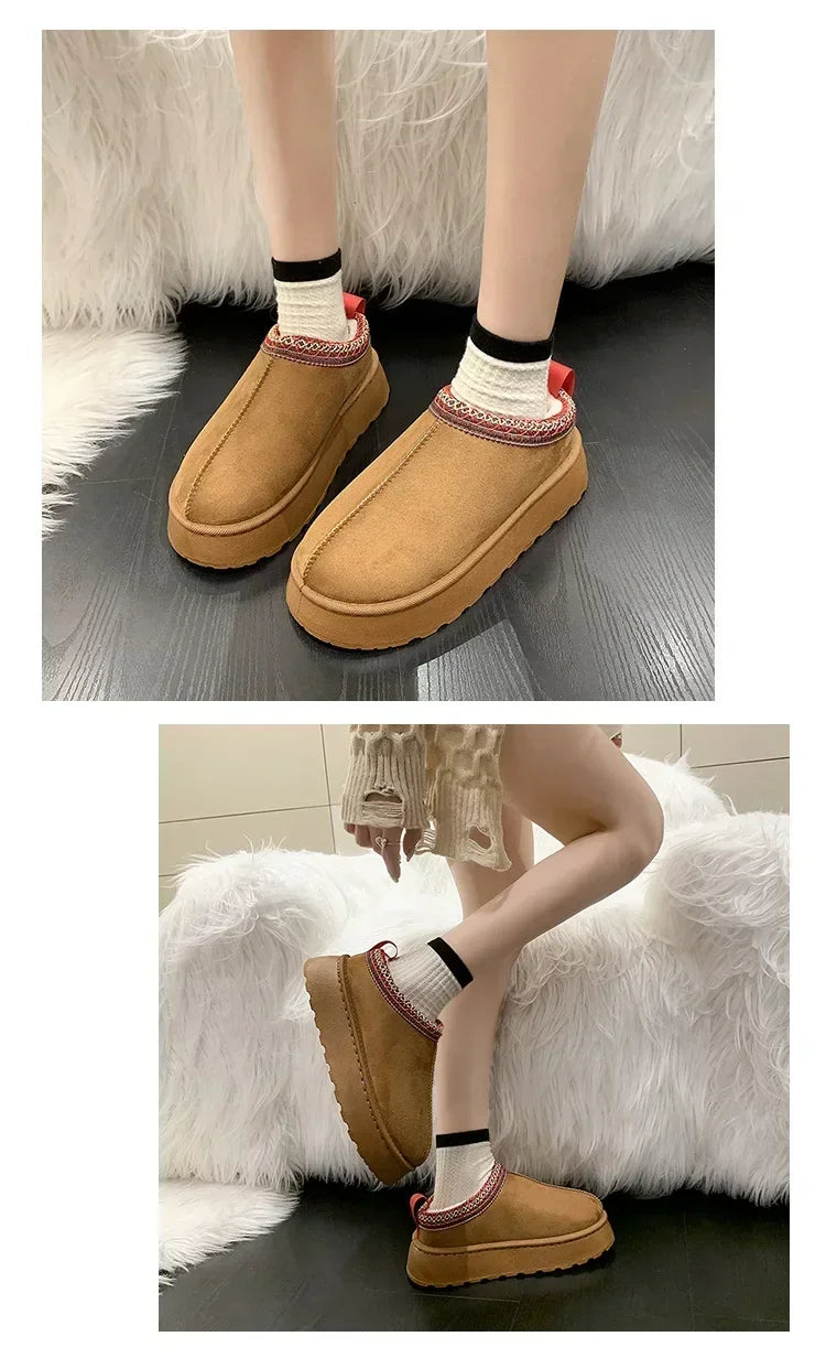 Snow Boots for Women 2024 Winter New Cashmere Warm Thick Soles Without Heel-covered Hair Half Slipper Cotton Shoes for Women