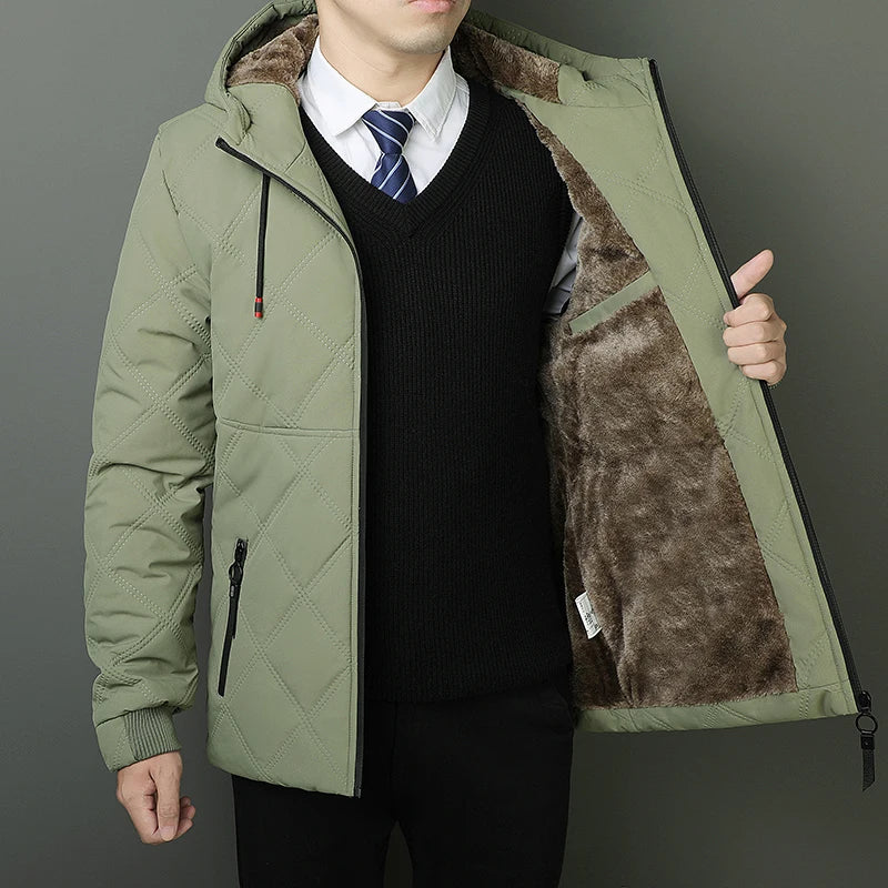 Winter Hooded Jacket Men Windproof Warm Business Casual Men Coats Blazers for Men Formal Social Jacket Solid Color Thick Coat