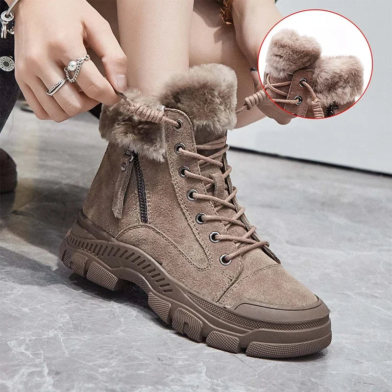2024 Winter Shoes Women Snow Boots Thick Sole Warm Plush Cold Winter Shoes Genuine Leather Suede Women Ankle Boots