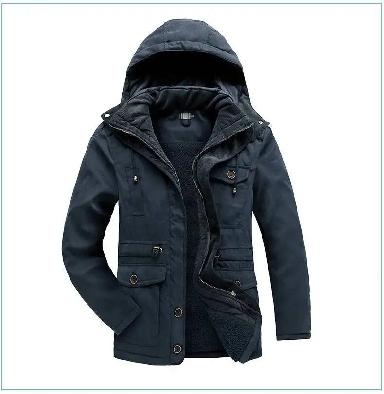 2025 Winter Men's American Fashion Versatile Hooded Cotton Jacket Thickened Multi Pocket Casual Simple Medium Length Top Coats