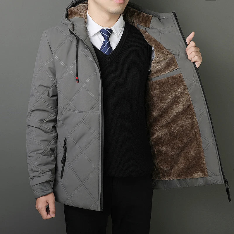 Winter Hooded Jacket Men Windproof Warm Business Casual Men Coats Blazers for Men Formal Social Jacket Solid Color Thick Coat