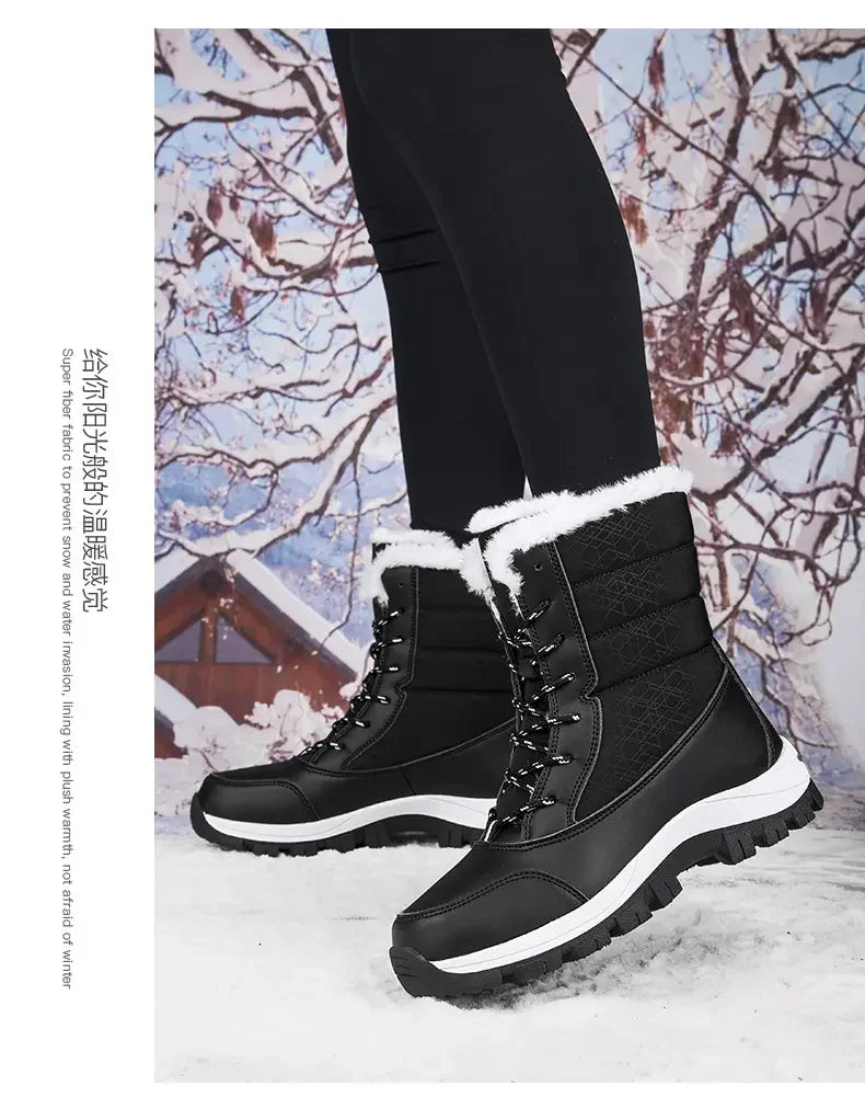 2025 Winter Women's Waterproof High Heel Boots Strap Up Flat Heel Boots Warm Snow Shoes, Plush Outdoor Fashion Casual Boots