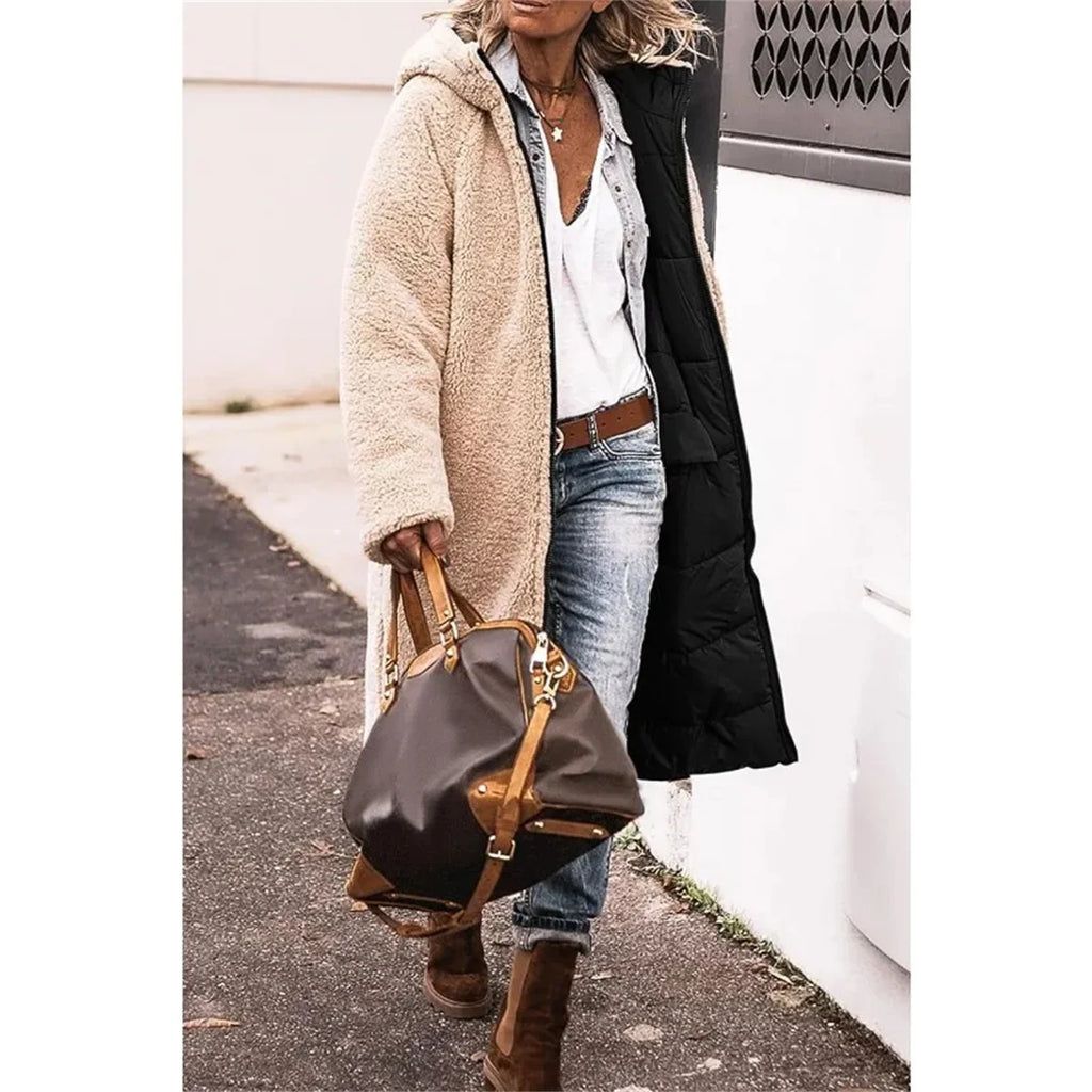 Winter Hooded Quilted Jacket For Women Solid Reversible Long Sleeve Thick Coat Warm Fashion Long Outerwear Casual Puffer Coats