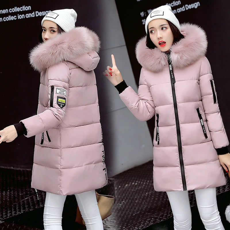 Women Parkas Hooded Long Sleeve Fur Collar Solid Thick Midi Parka Zipper Pockets Casual Warm Coat Outerwear Winter 2024