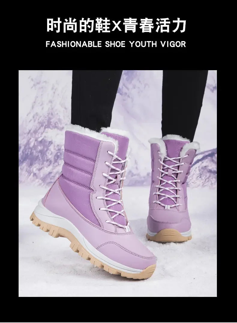 2025 Winter Women's Waterproof High Heel Boots Strap Up Flat Heel Boots Warm Snow Shoes, Plush Outdoor Fashion Casual Boots