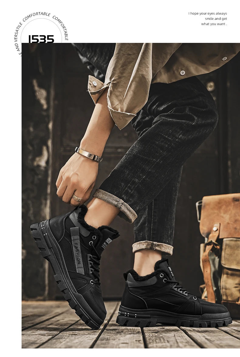 Men's plus size warm and velvet work boots soft-sole anti-slip high-top boots winter fashion youth comfort outdoor cotton boots