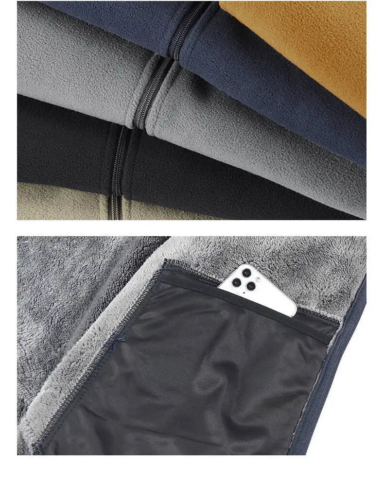 Men's Outdoor Sport Hooded Sweatshirt Jacket Warm Fleece Liner Windproof Softshell Inner Polar Fleece Coat with Zipper & Pockets