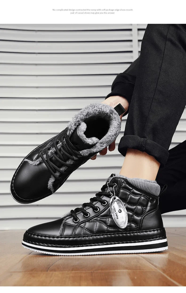 Winter New Shoes for Men Fur Boots High Tops Leather Warm Plush Casual Shoes Outdoor Snow Boots