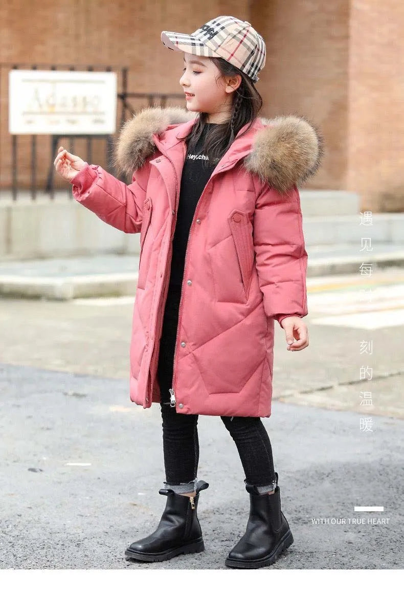 Winter Warm Jackets for Girls Two Colors Faux Fur Hooded Coat Kids White Duck Down Parkas Children Cotton Long Outwear