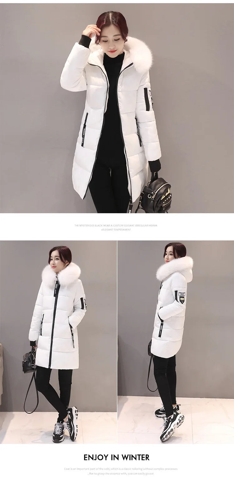 Winter Women Coat Mid-length Parkas Warm Hooded Cotton-padded Jacket Zipper Pockets Slim Thick Puffer Jacket Winter Clothes New