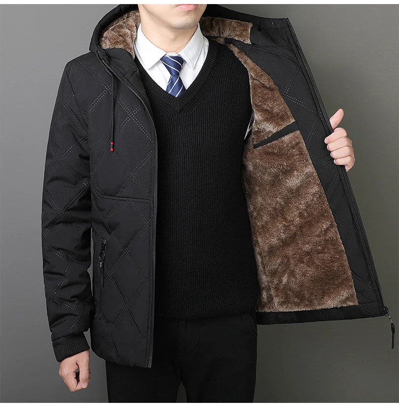 Winter Hooded Jacket Men Windproof Warm Business Casual Men Coats Blazers for Men Formal Social Jacket Solid Color Thick Coat