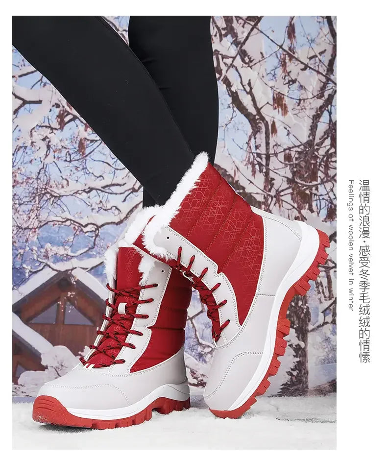 2025 Winter Women's Waterproof High Heel Boots Strap Up Flat Heel Boots Warm Snow Shoes, Plush Outdoor Fashion Casual Boots