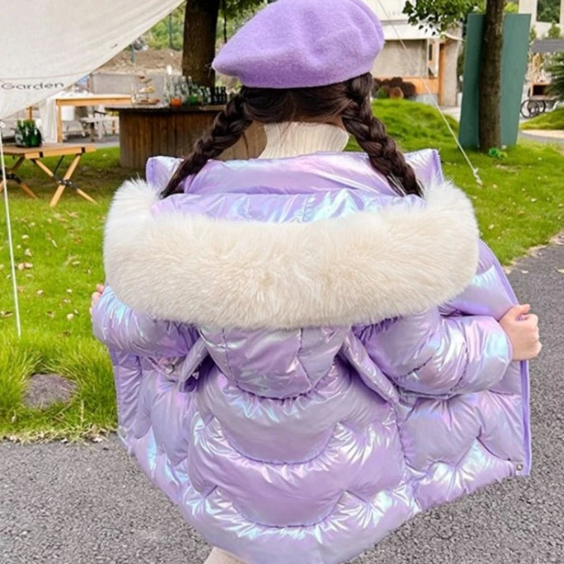 Winter Girls Down Jacket with Faux Fur Lining - Thermal Insulation Windproof Stain Resistant Coat for Medium To Large Kids