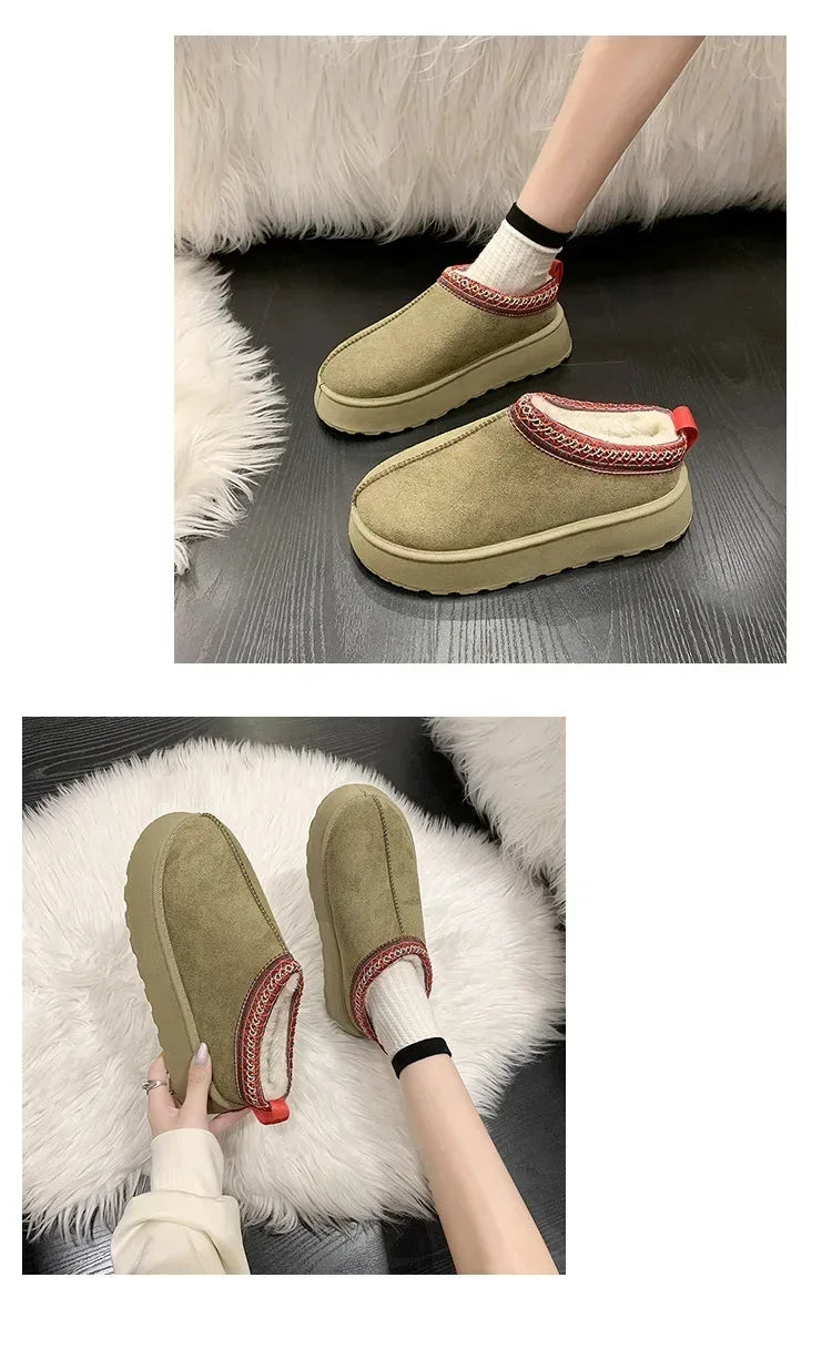 Snow Boots for Women 2024 Winter New Cashmere Warm Thick Soles Without Heel-covered Hair Half Slipper Cotton Shoes for Women
